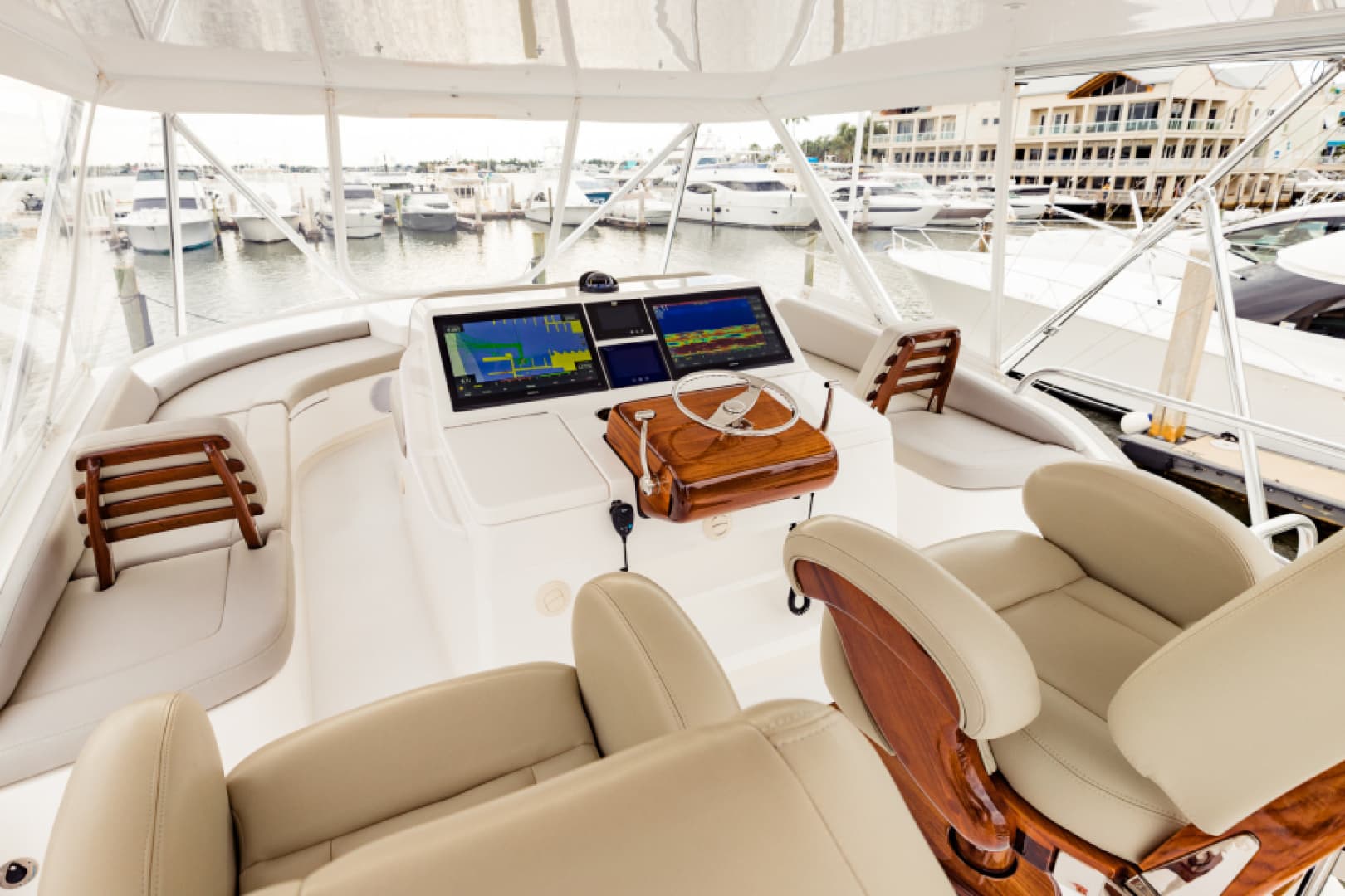 2020 Bertram 61 Convertible - "SINE METU": Flybridge Helm and Seating Area