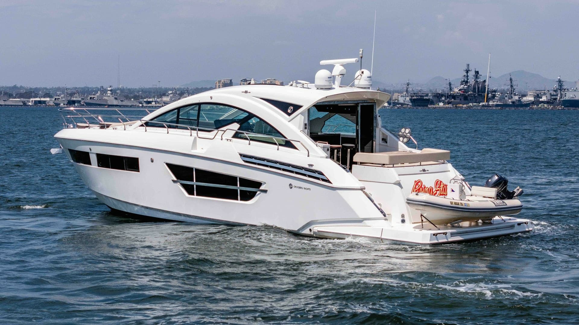 2017 Cruisers 60 Cantius, 'Rising Star' - Port-Aft View with Swim Platform and Tender Storage.