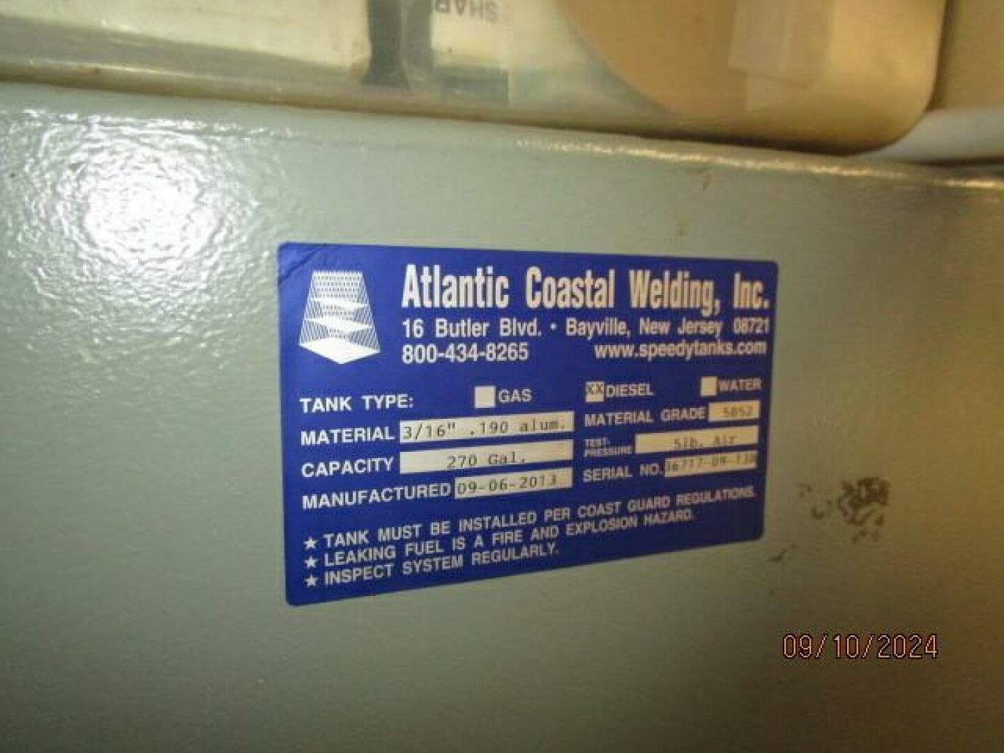 49' DeFever new fuel tank label