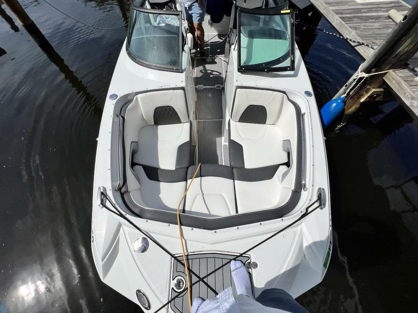 2022 Monterey M-45 boat docked, top view of seating area and controls.