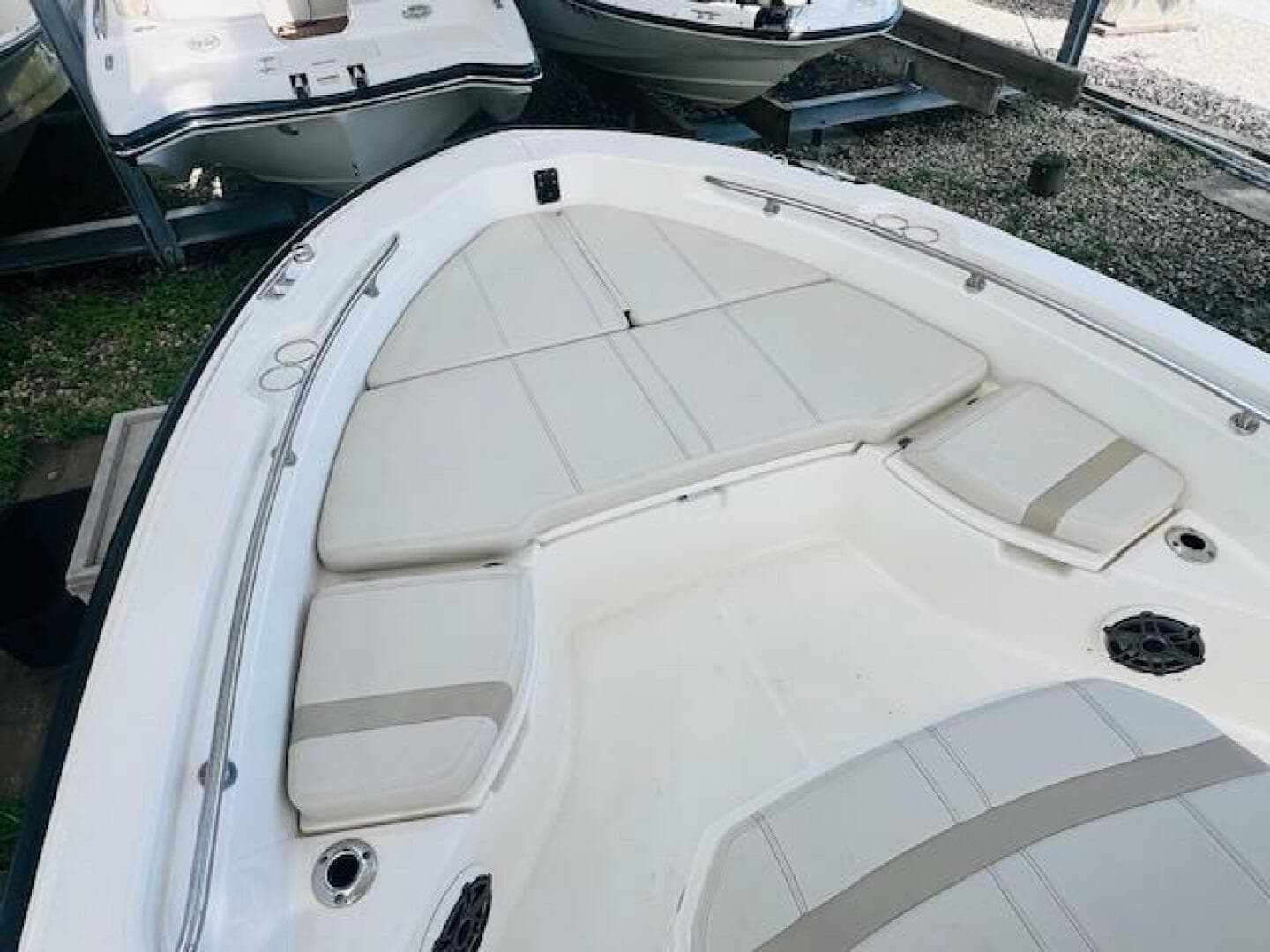 2023 Boston Whaler 250 Dauntless boat interior with cushioned seating.