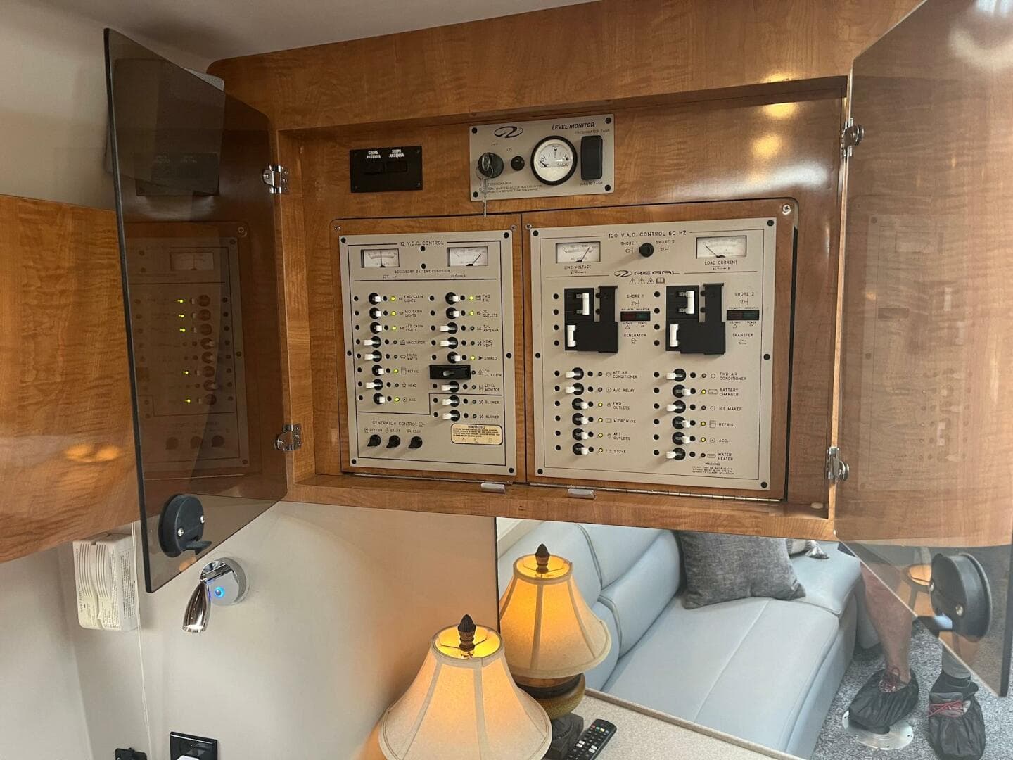 Electrical control panel inside a 2003 Regal Commodore 3860 yacht.