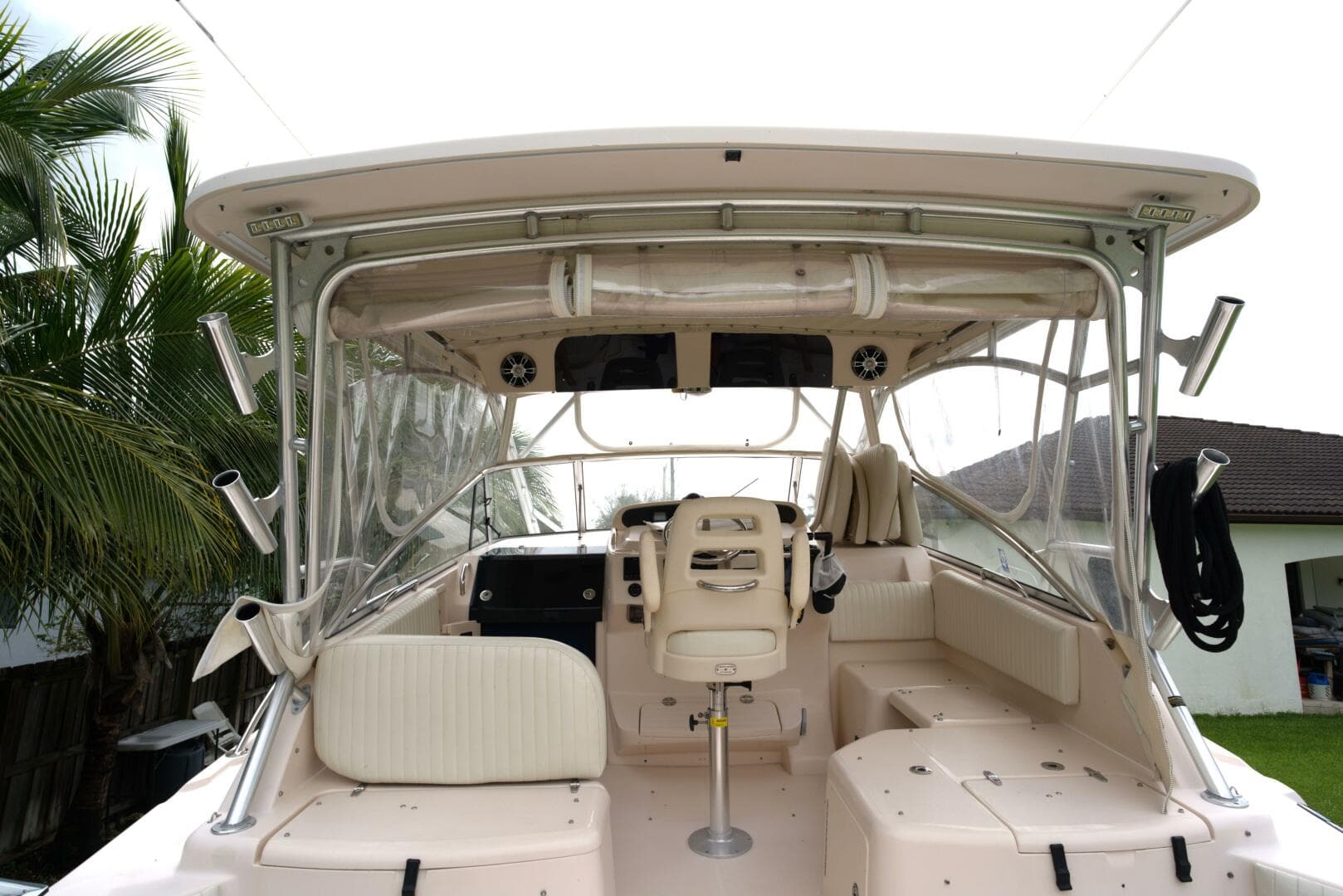 2007 Grady-White Express 330 boat interior with seating and helm station.