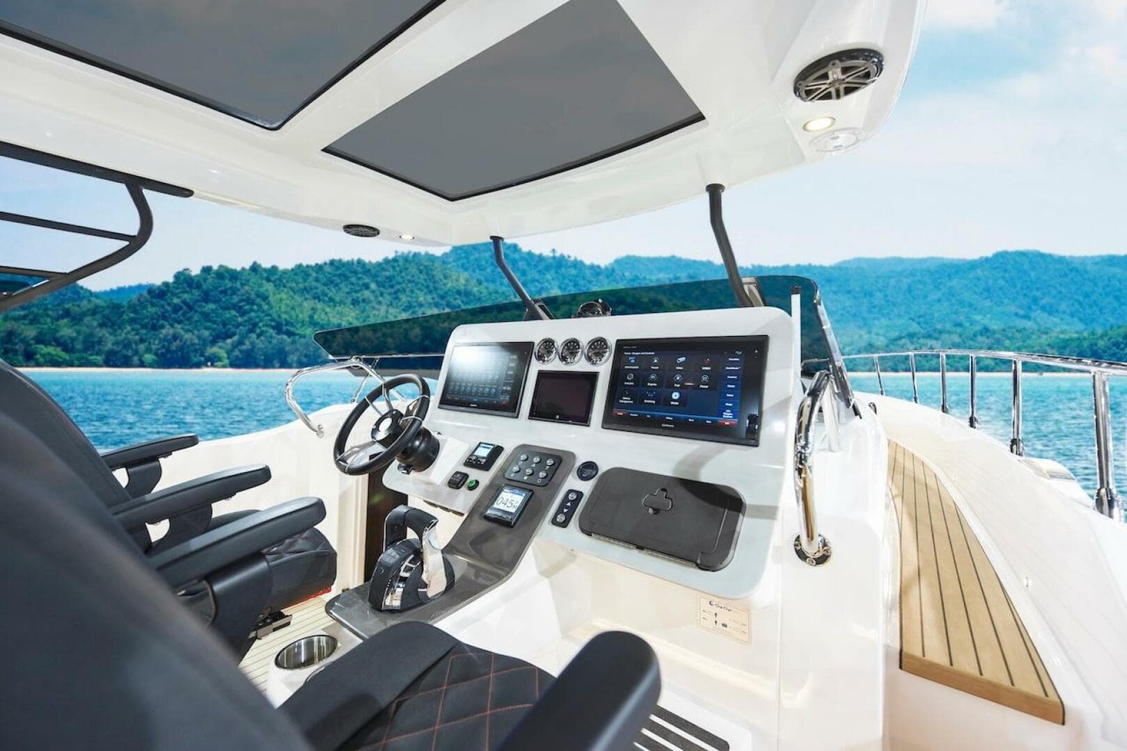2024 Oryx 379 yacht cockpit with advanced navigation system and luxurious seating.