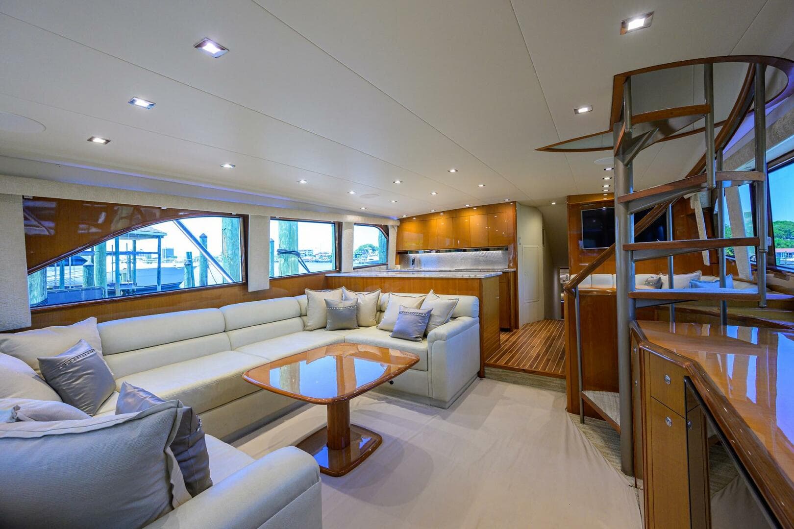 Luxurious interior of 2004 Viking 65 Enclosed Bridge yacht with modern furnishings.