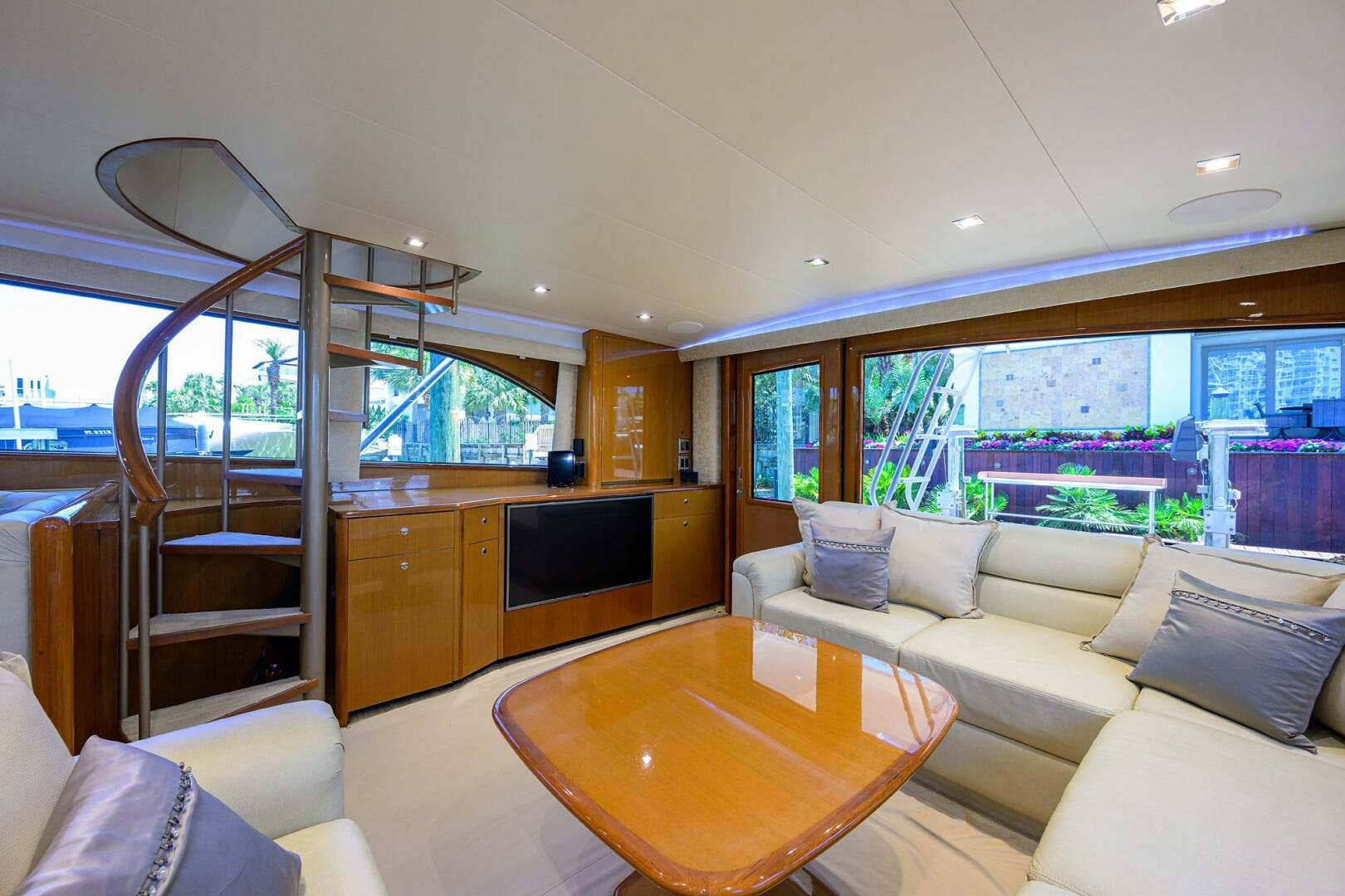 Luxurious interior of 2004 Viking 65 Enclosed Bridge yacht with modern furnishings.