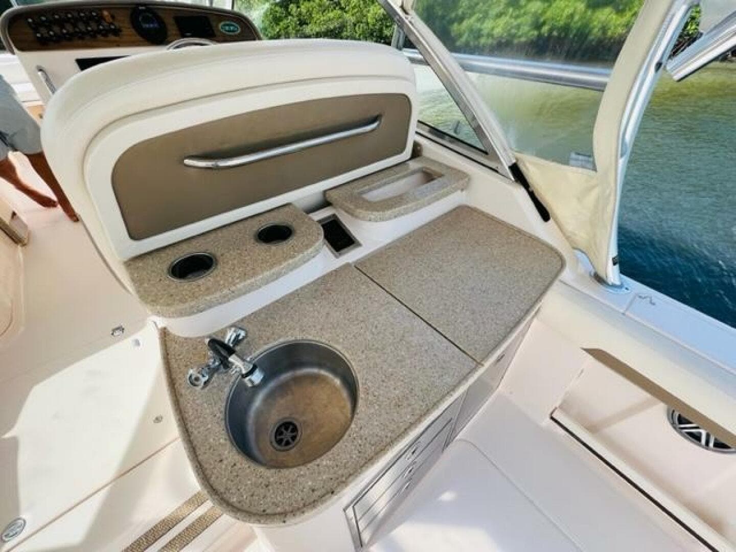2014 Grady-White Freedom 335 boat interior with sink and countertop.