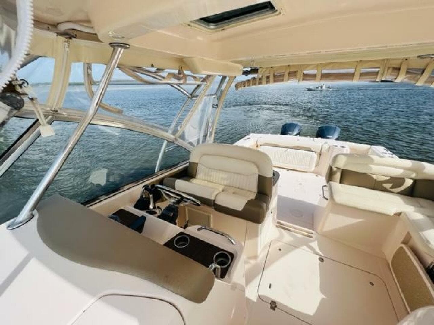 2014 Grady-White Freedom 335 boat interior with seating and ocean view.