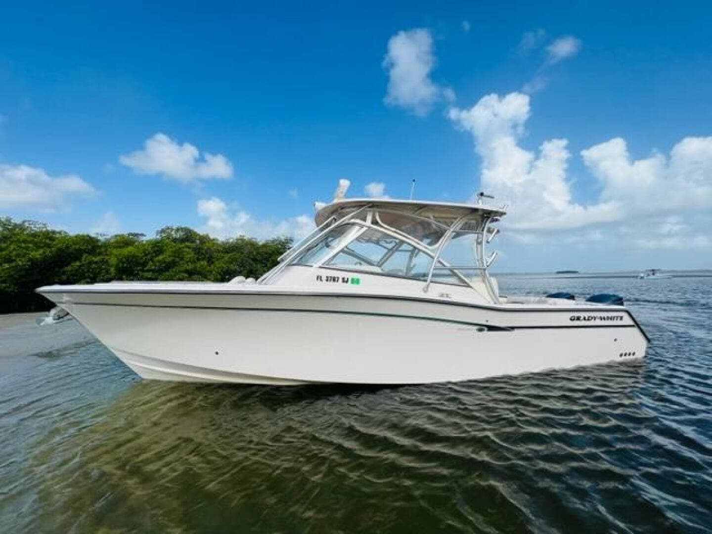 2014 Grady-White Freedom 335 boat on calm water with blue sky background.