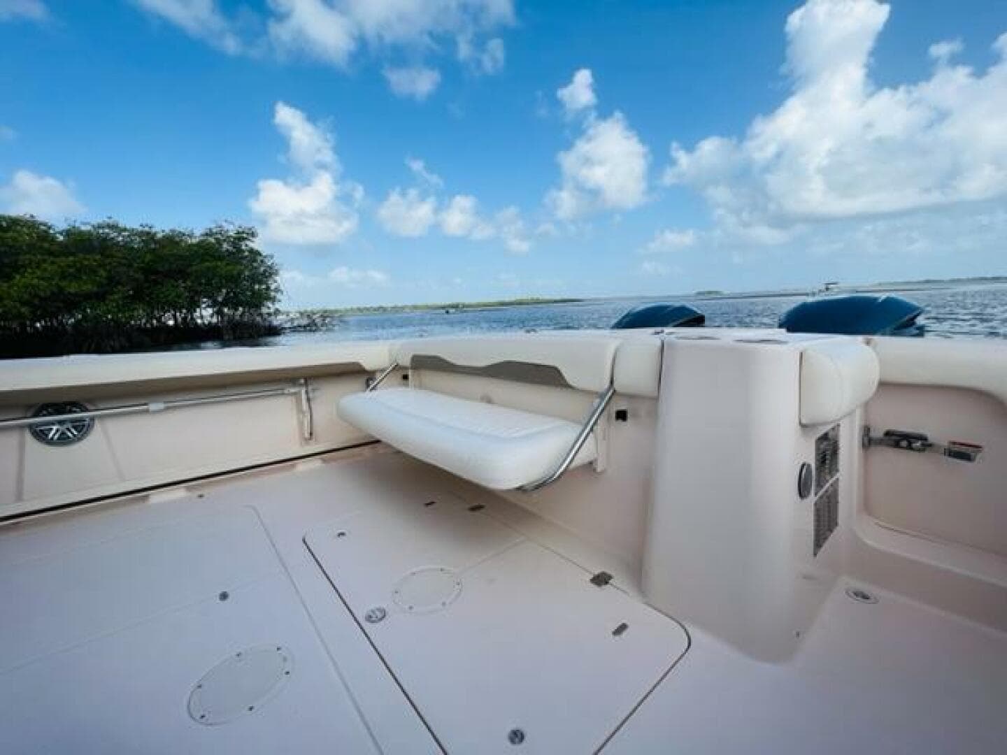2014 Grady-White Freedom 335 boat deck with scenic water view.
