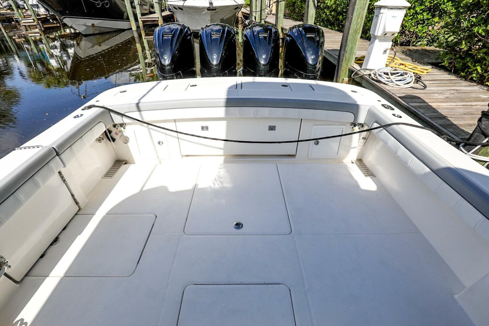 2020 Regulator 41 boat deck with quad outboard engines.