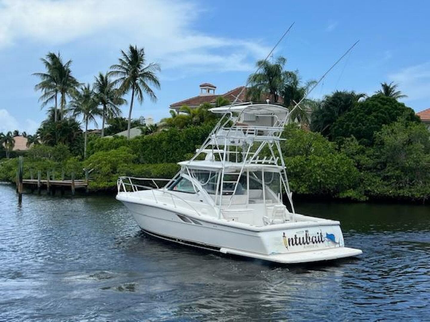 2003 Tiara Yachts 3800 Open cruising on a tropical waterway with palm trees.