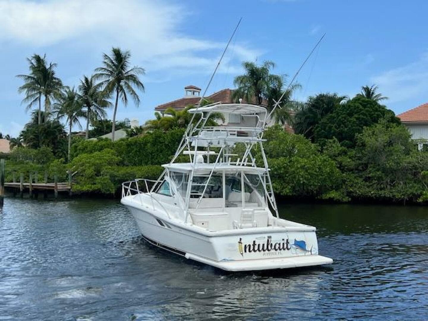 2003 Tiara Yachts 3800 Open cruising on a tropical waterway with palm trees.
