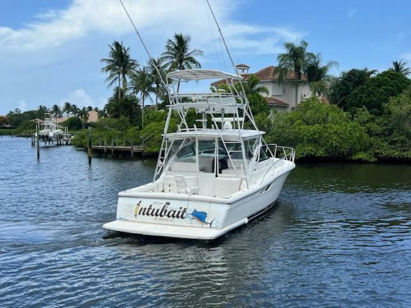 2003 Tiara Yachts 3800 Open cruising on a scenic waterway with palm trees.
