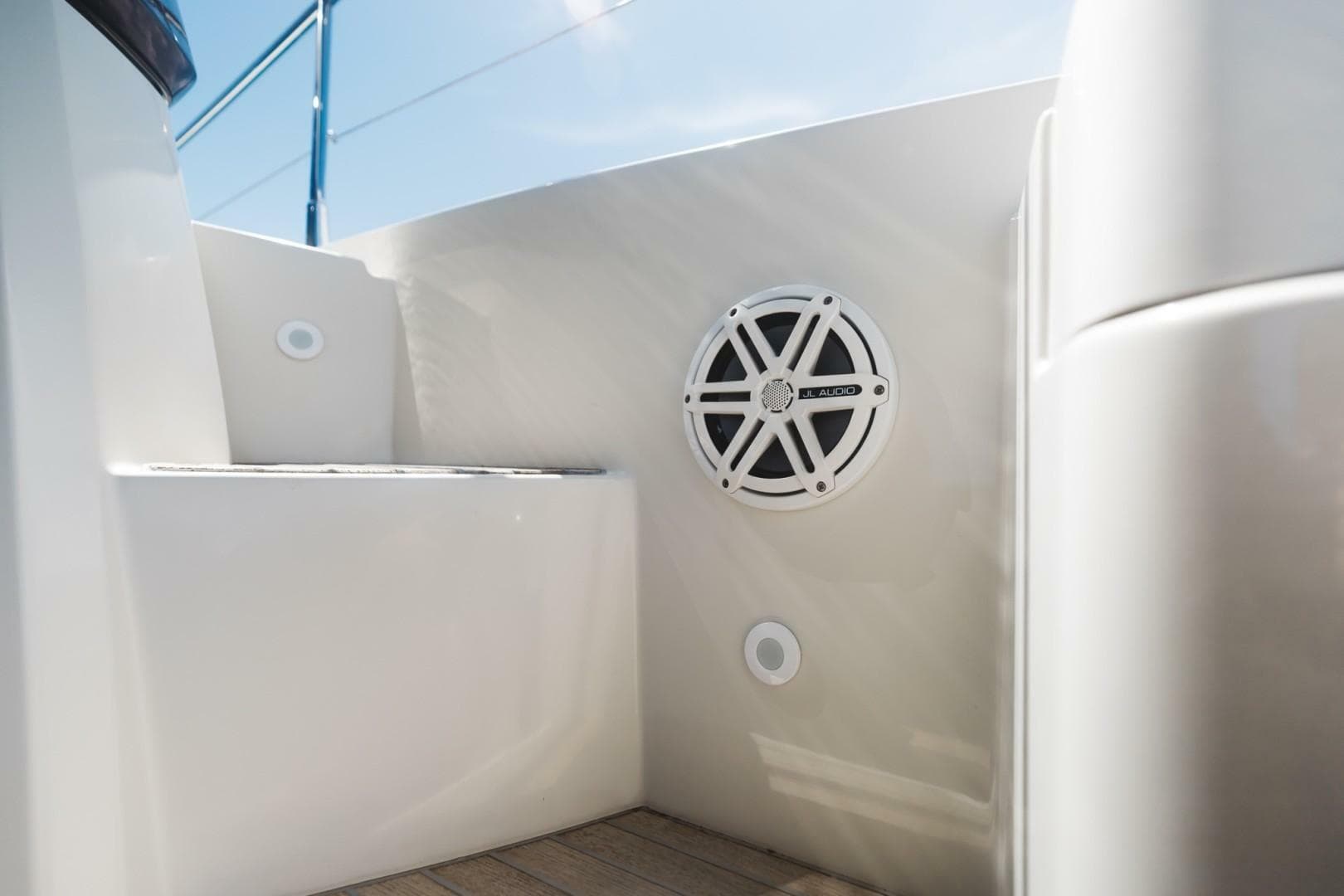 Beneteau Monte Carlo 5 yacht interior detail, 2015 model, featuring speaker and sleek design.