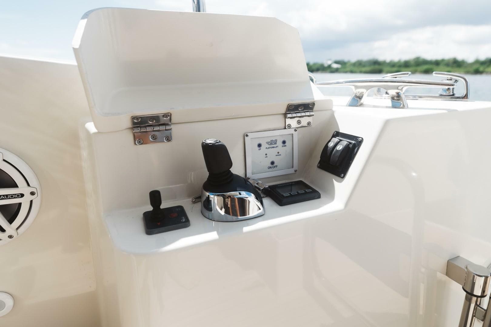 Control panel of 2015 Beneteau Monte Carlo 5 yacht, featuring joystick and navigation controls.