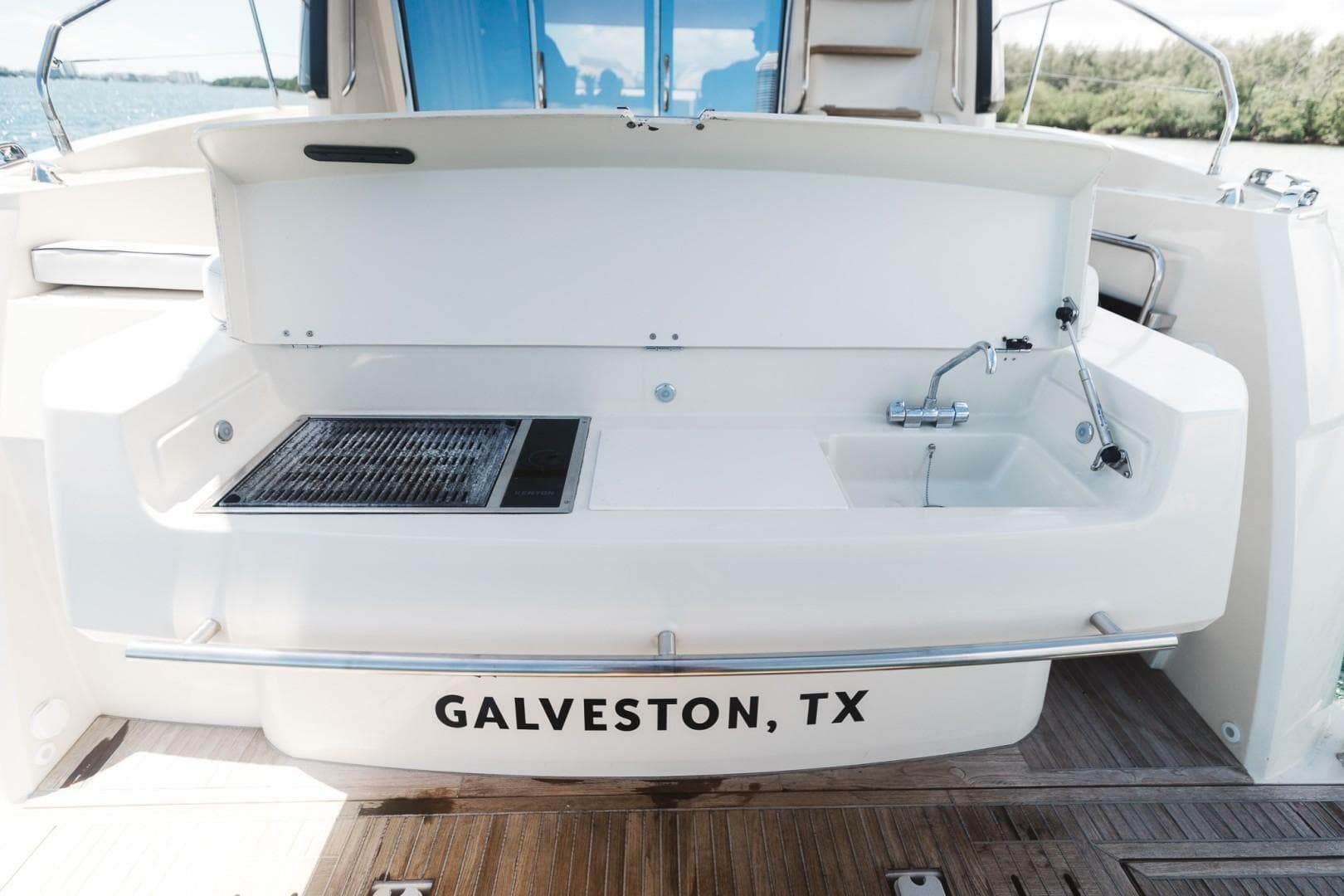 Beneteau Monte Carlo 5 yacht stern with grill and sink, Galveston, TX, 2015 model.