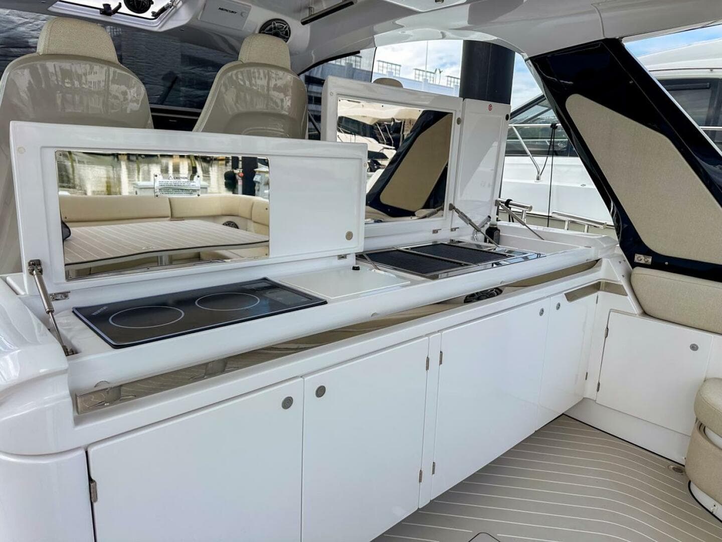 2023 Azimut Verve 47 yacht interior with modern kitchen amenities.