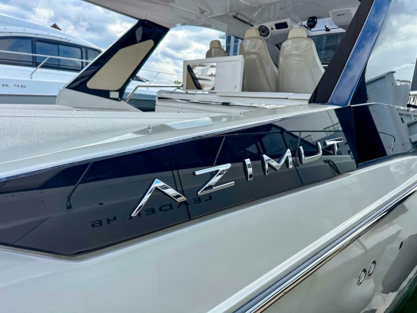 2023 Azimut Verve 47 luxury yacht, sleek design, close-up view.