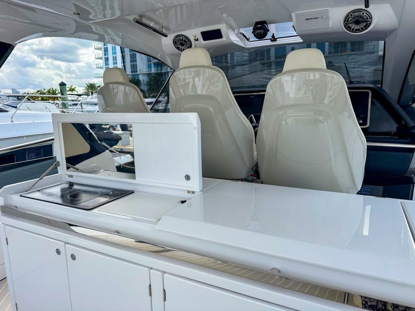 2023 Azimut Verve 47 yacht interior with sleek seating and modern amenities.