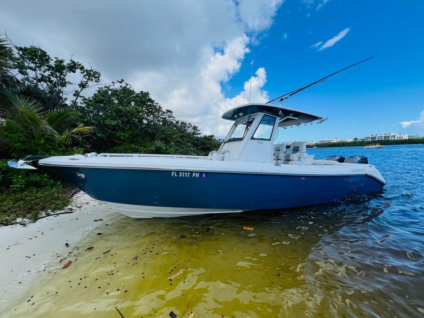 2012 Everglades 295 Center Console boat on sandy shore with lush greenery.