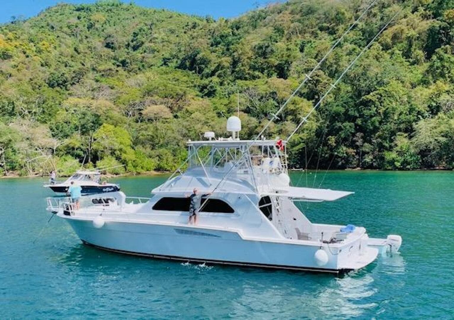 1988 Bertram 54' yacht on serene water, surrounded by lush green hills.