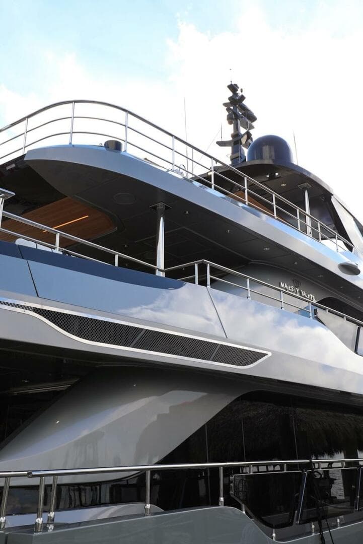 Majesty 120 yacht, 2025 model, sleek design, luxury exterior view.