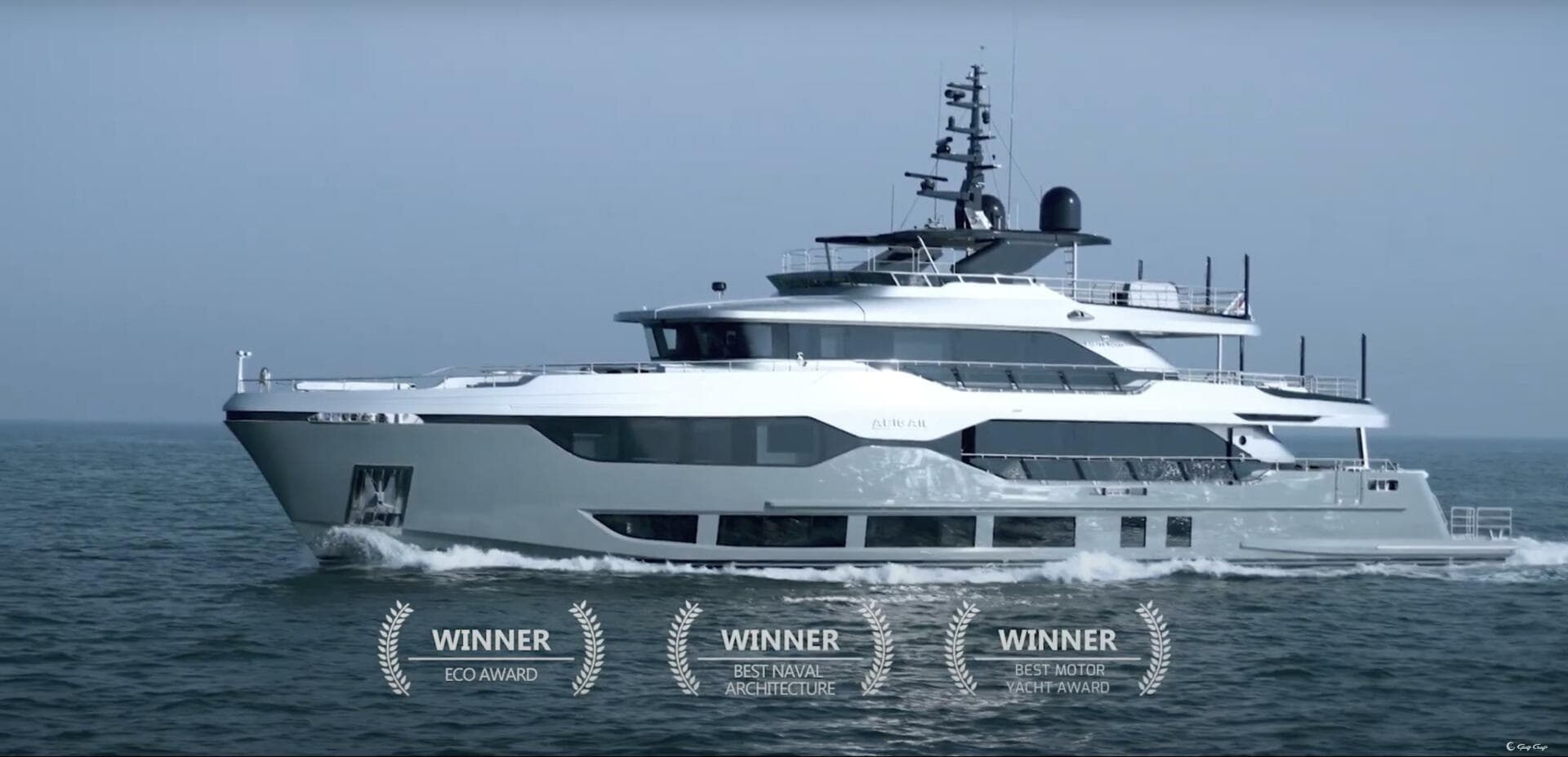 Majesty 120 yacht 2025 cruising, award-winning design, luxury vessel on open sea.