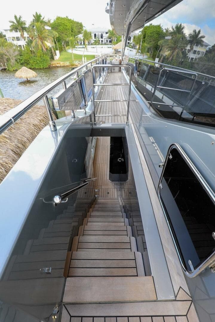 Luxurious 2025 Majesty 120 yacht deck with sleek design and modern amenities.