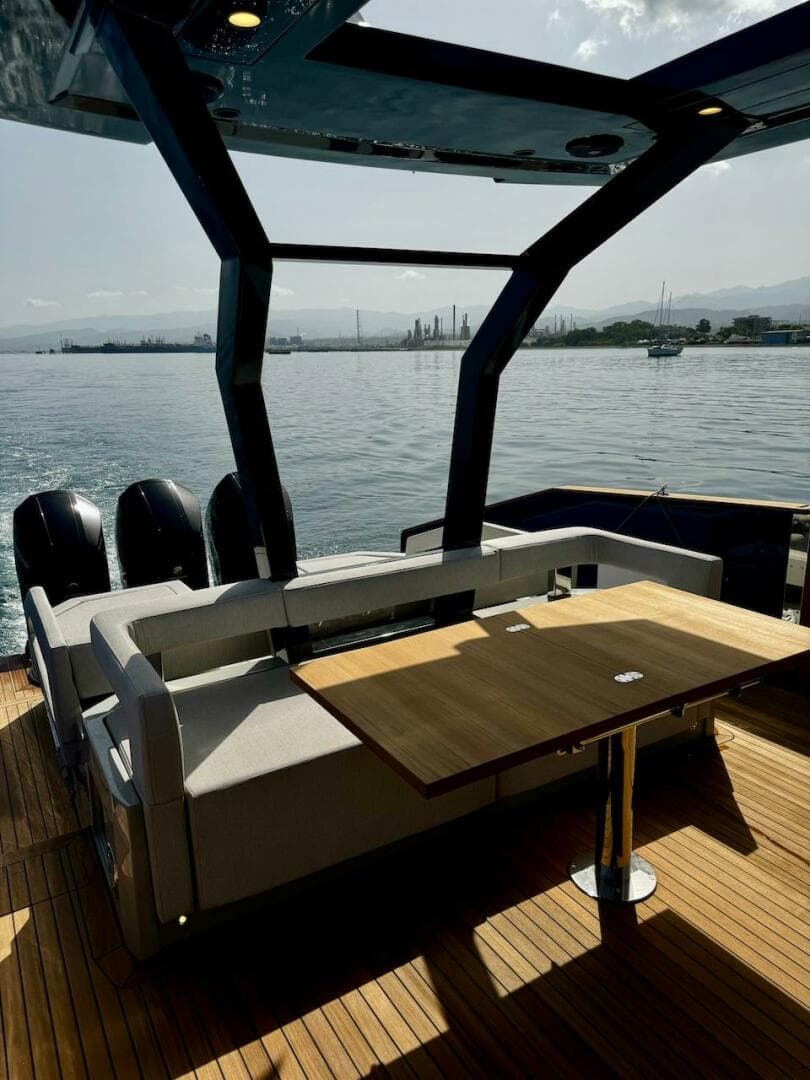 Luxury Aicon Audace 50 yacht interior, 2025 model, with sleek design and scenic ocean view.