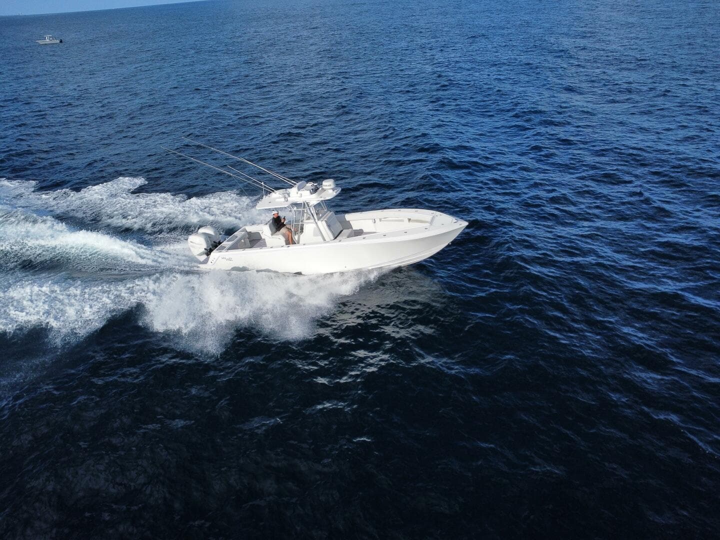 2017 SeaVee 340Z boat cruising on open ocean waters.