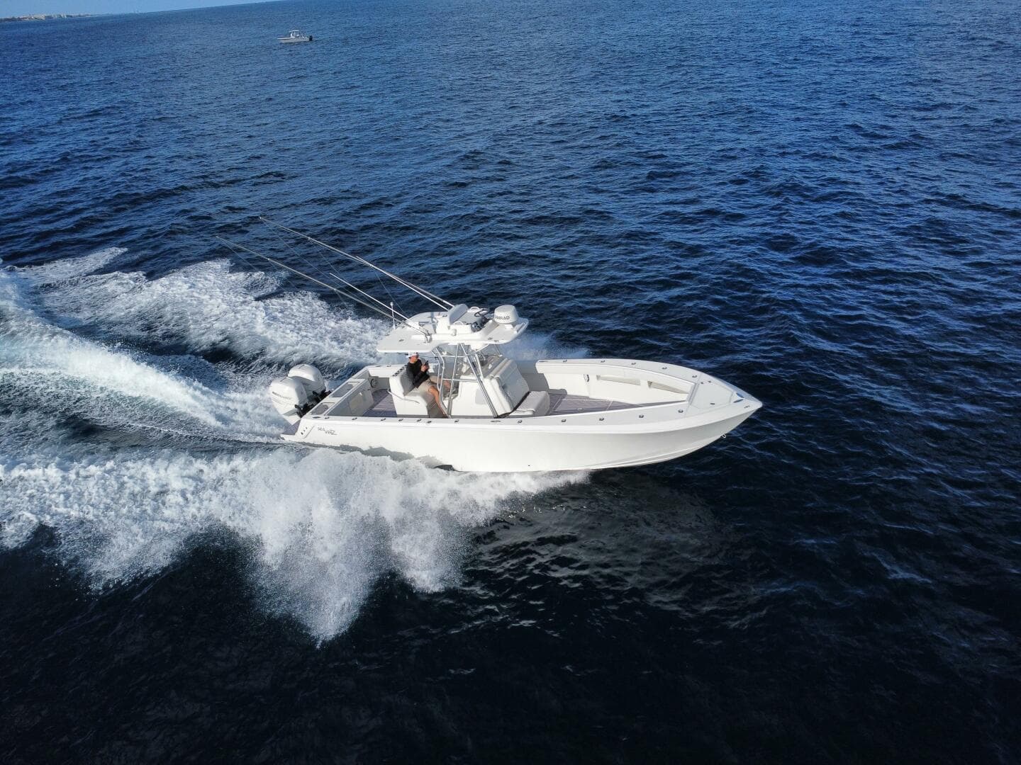 2017 SeaVee 340Z boat cruising on open ocean waters.