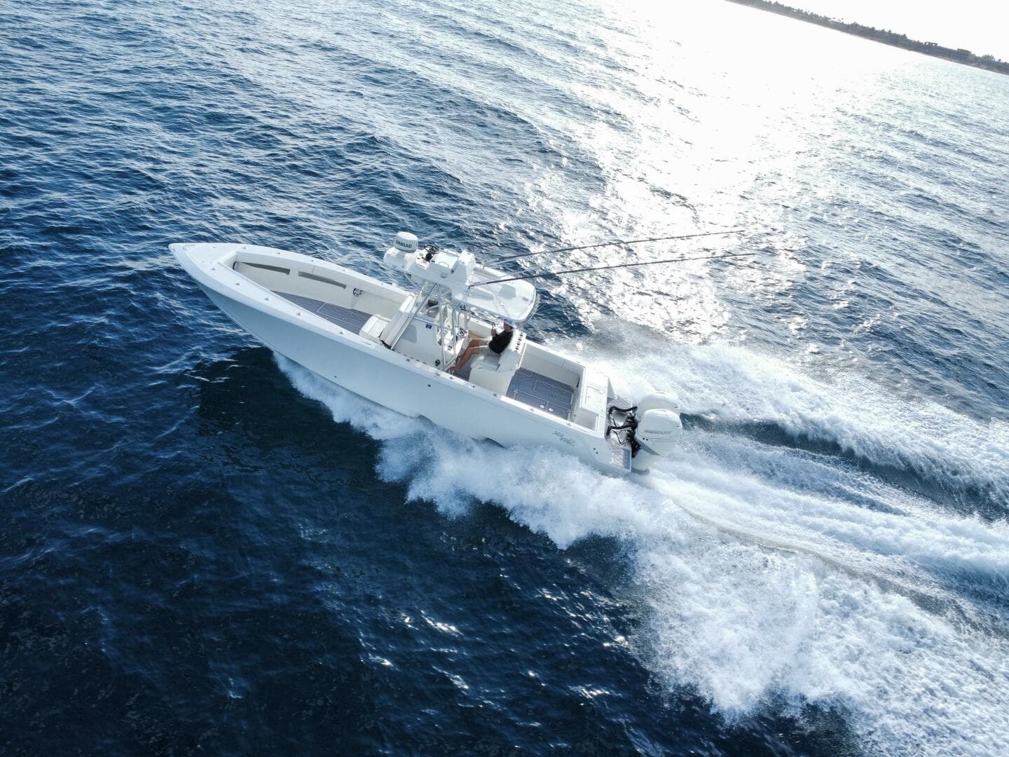 2017 SeaVee 340Z boat cruising on open water, aerial view.