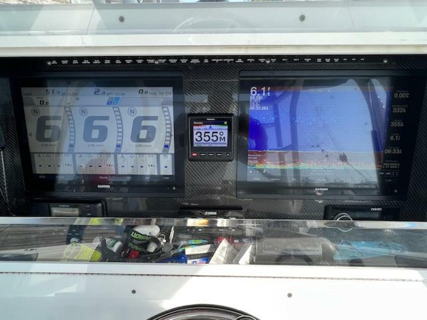Dashboard of a 2020 SeaHunter 39 Tournament boat with advanced navigation displays.
