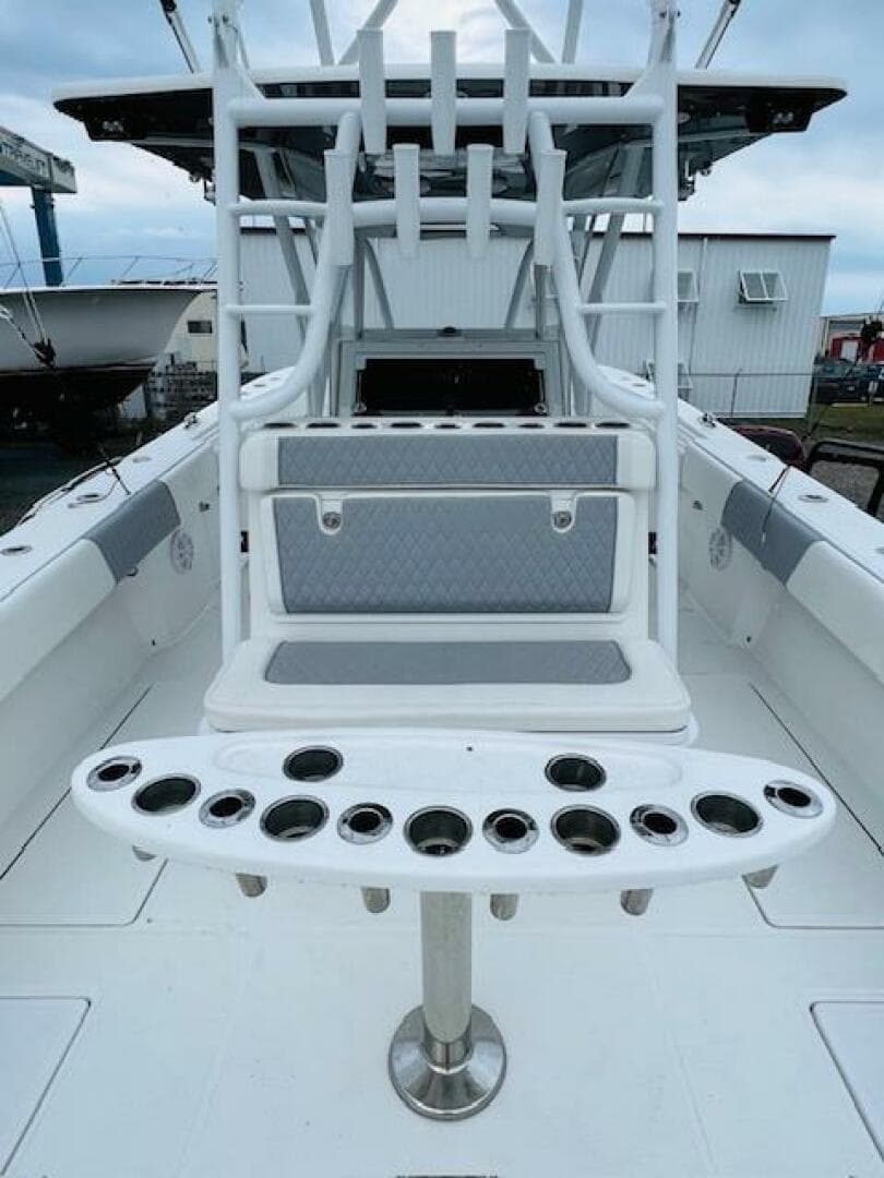 2020 SeaHunter 39 Tournament boat interior with rod holders and seating.