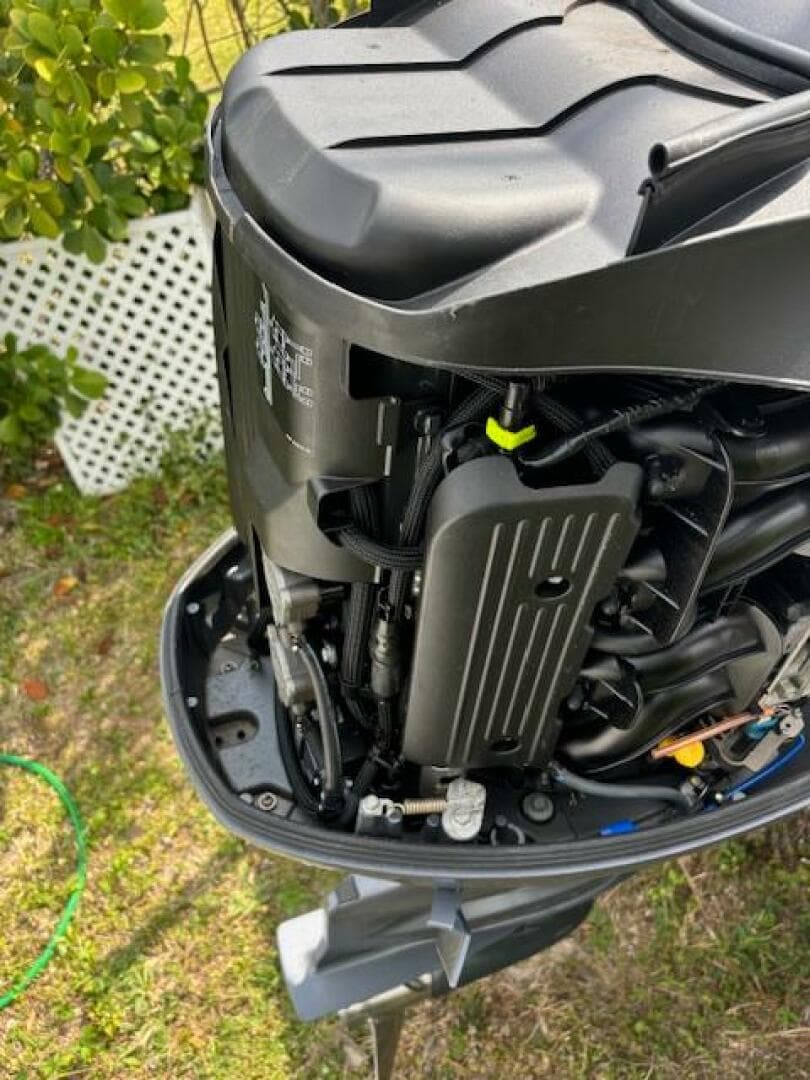 2016 Release 208 RX outboard motor, detailed view, outdoors on grass.