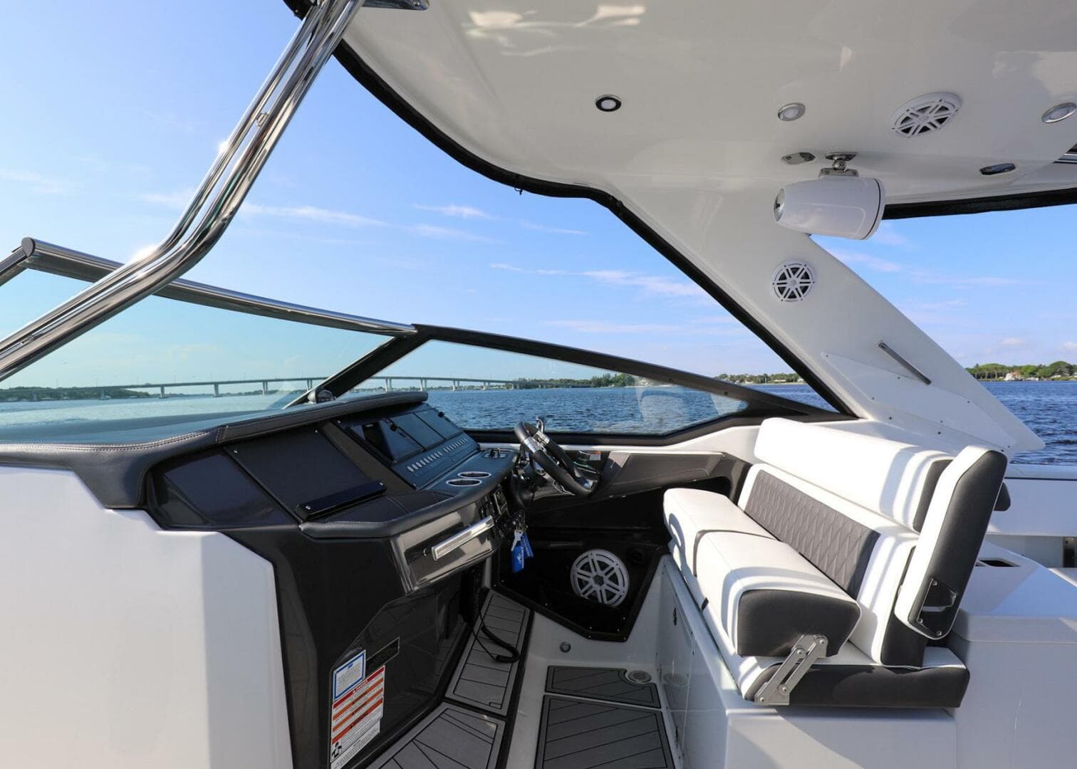 2023 Monterey 385 Super Sport boat interior with sleek design and modern controls.