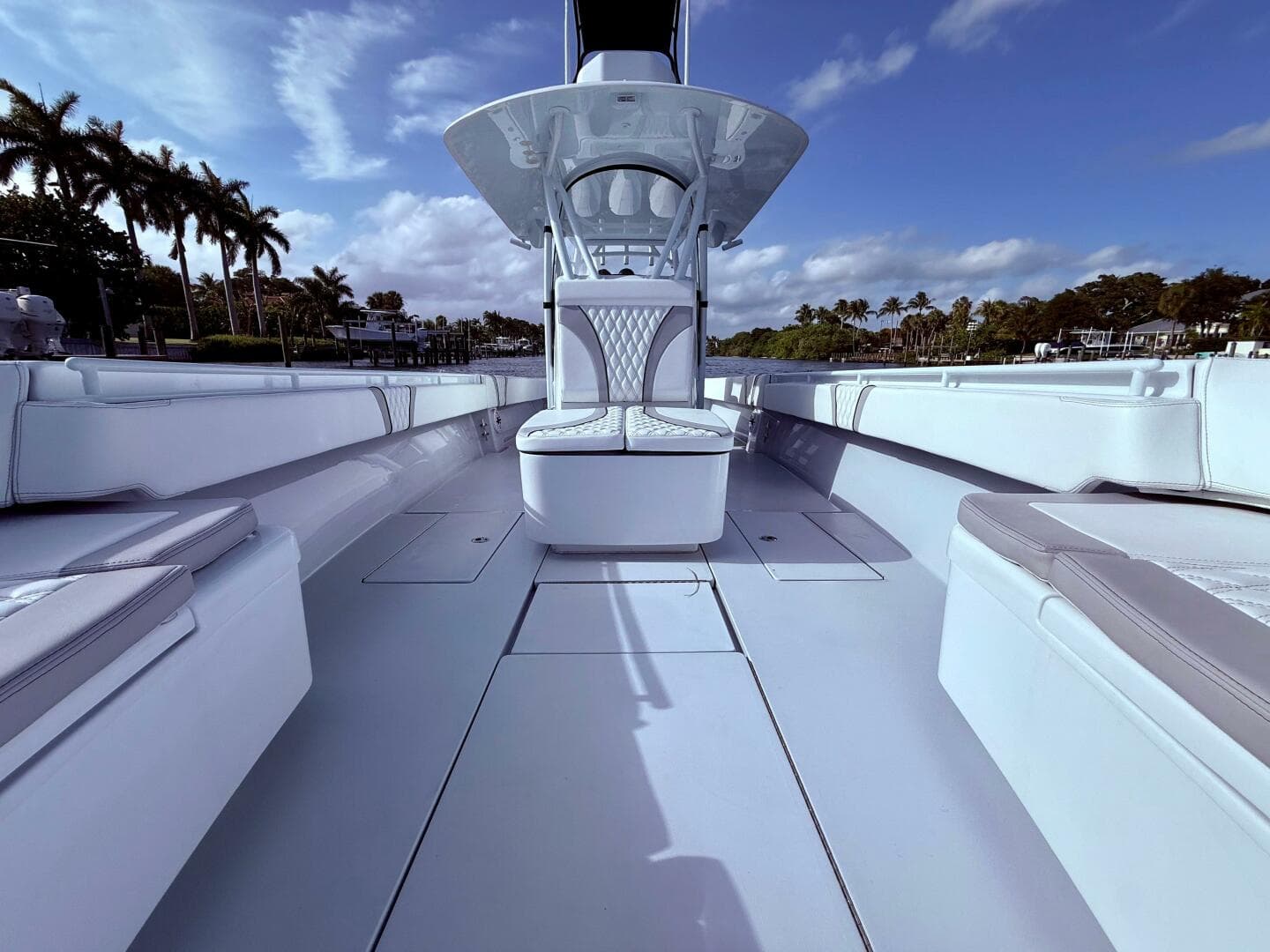 2024 Contender 39 ST boat interior with sleek seating and open deck design.