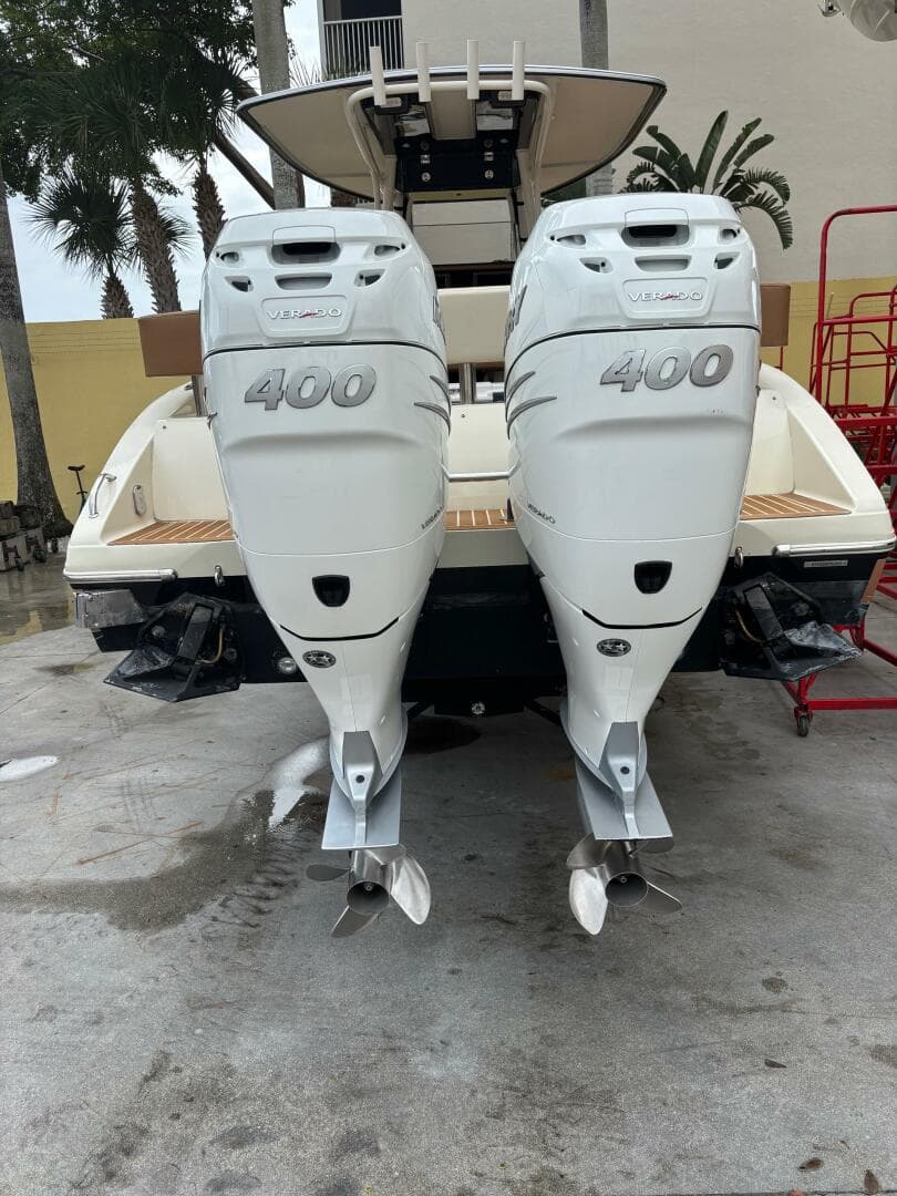 2013 Statement 35 Center Console with twin 400 horsepower engines, rear view.