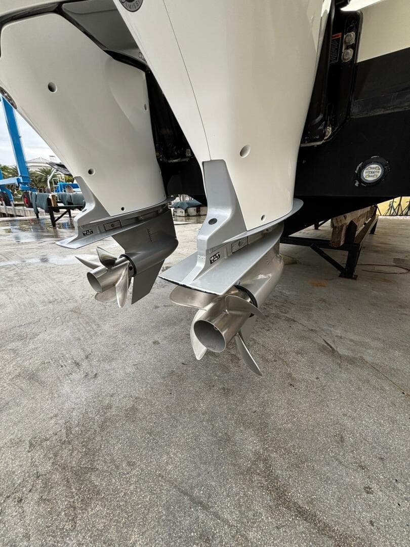 Twin outboard motors on a 2013 Statement 35 Center Console boat.