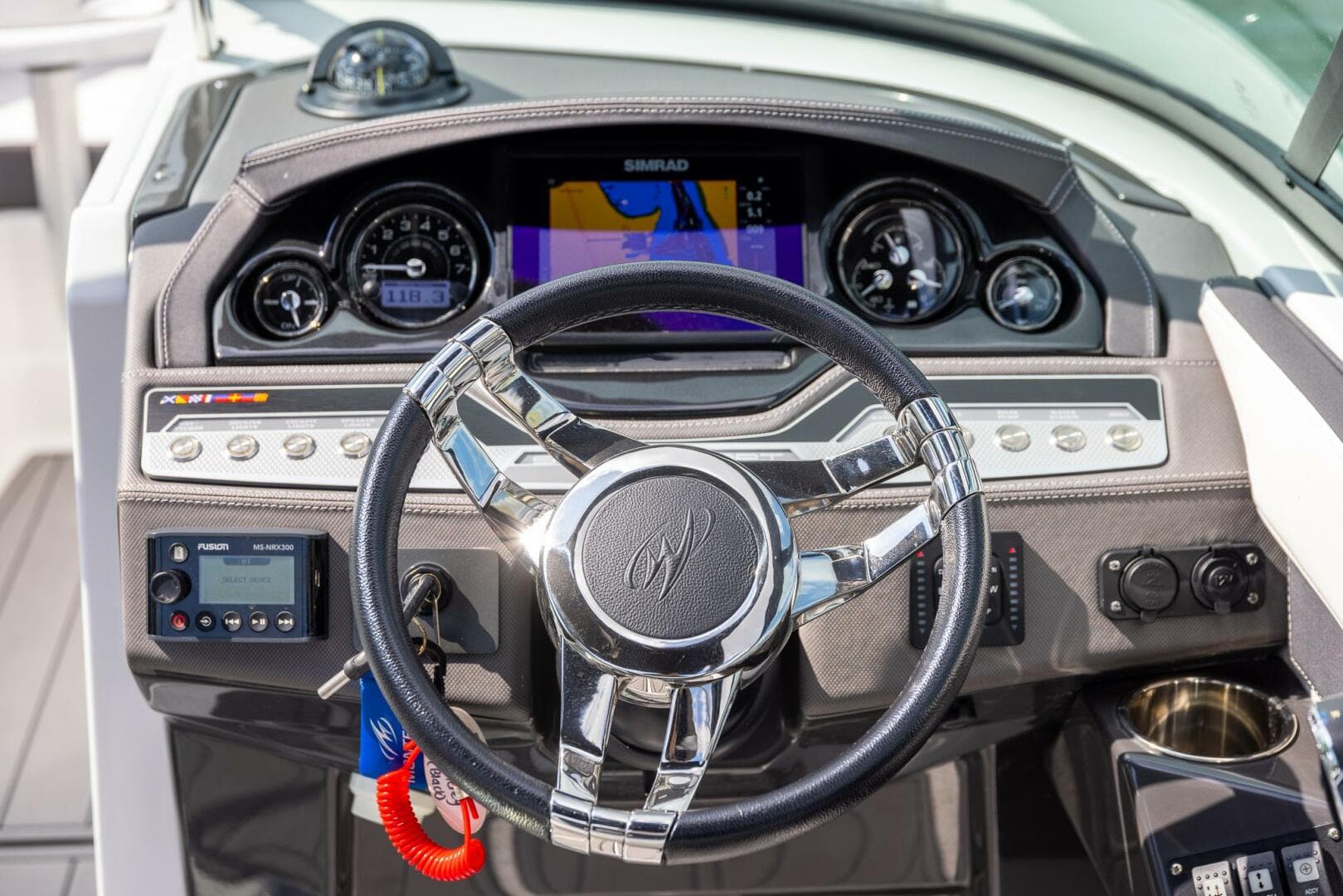 2023 Monterey 255 Super Sport dashboard with steering wheel and navigation display.