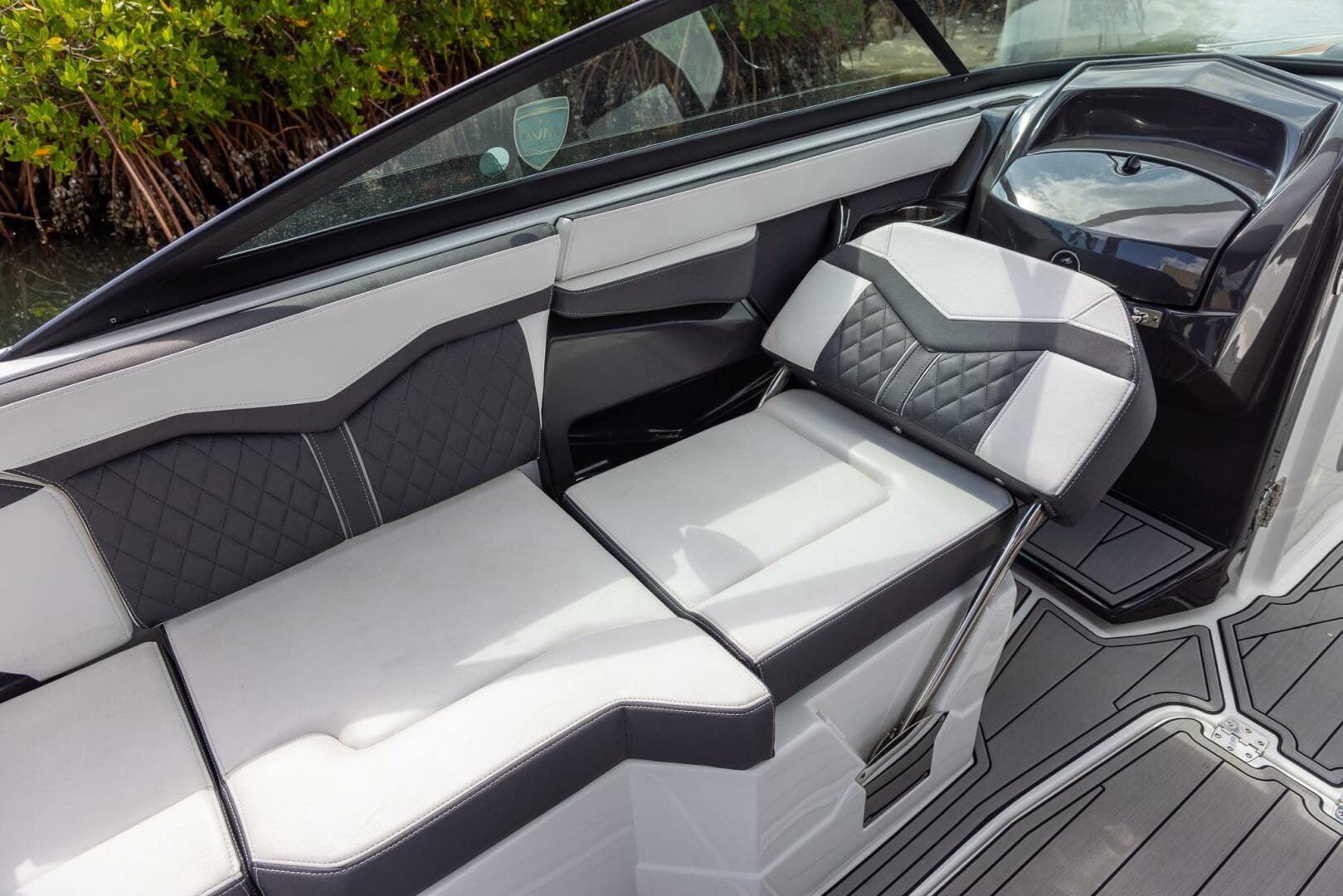 2023 Monterey 255 Super Sport boat interior with sleek, modern seating and stylish design.