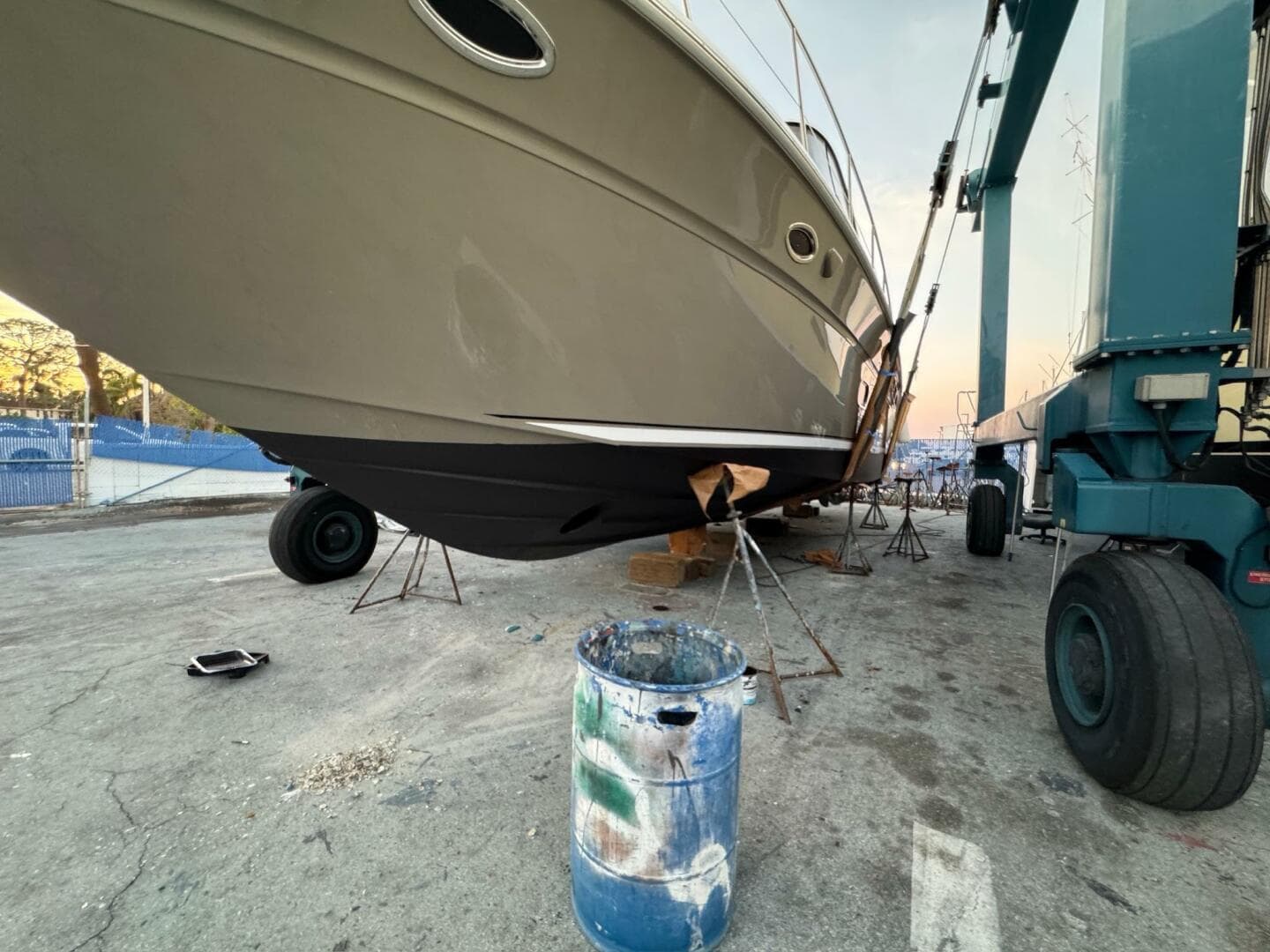 2005 Sea Ray 500 Sedan Bridge yacht in dry dock for maintenance.