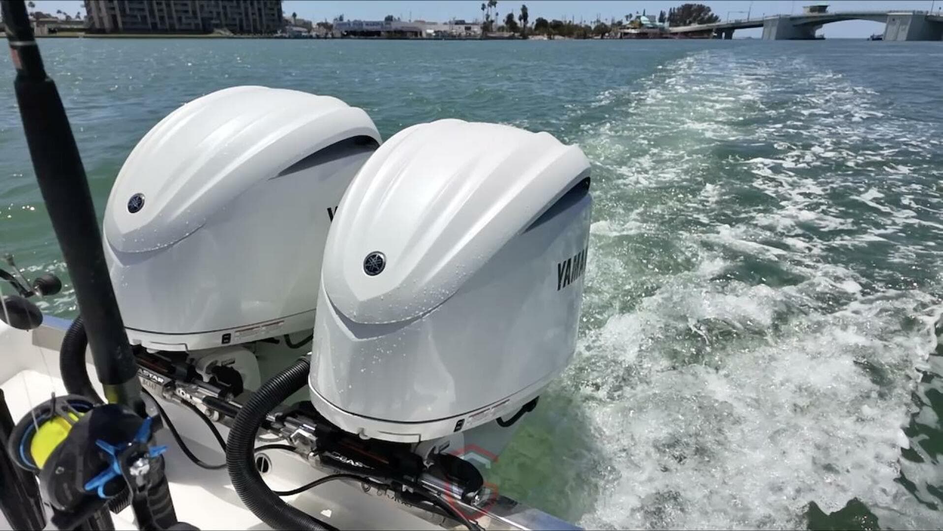 Twin Yamaha outboard engines on a 2023 CG Boat Works 35 M-Series, cruising on open water.