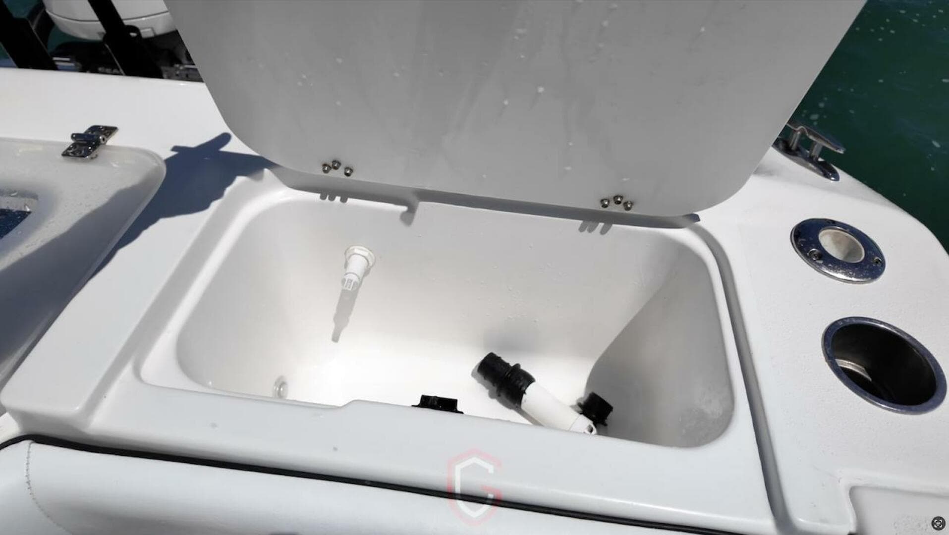 Open storage compartment on 2023 CG Boat Works 35 M-Series.