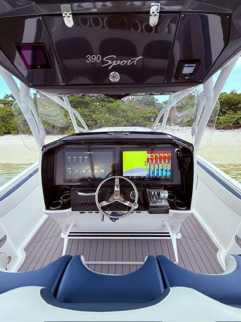 2022 Nor-Tech 390 Sport Center Console boat interior with advanced navigation system.