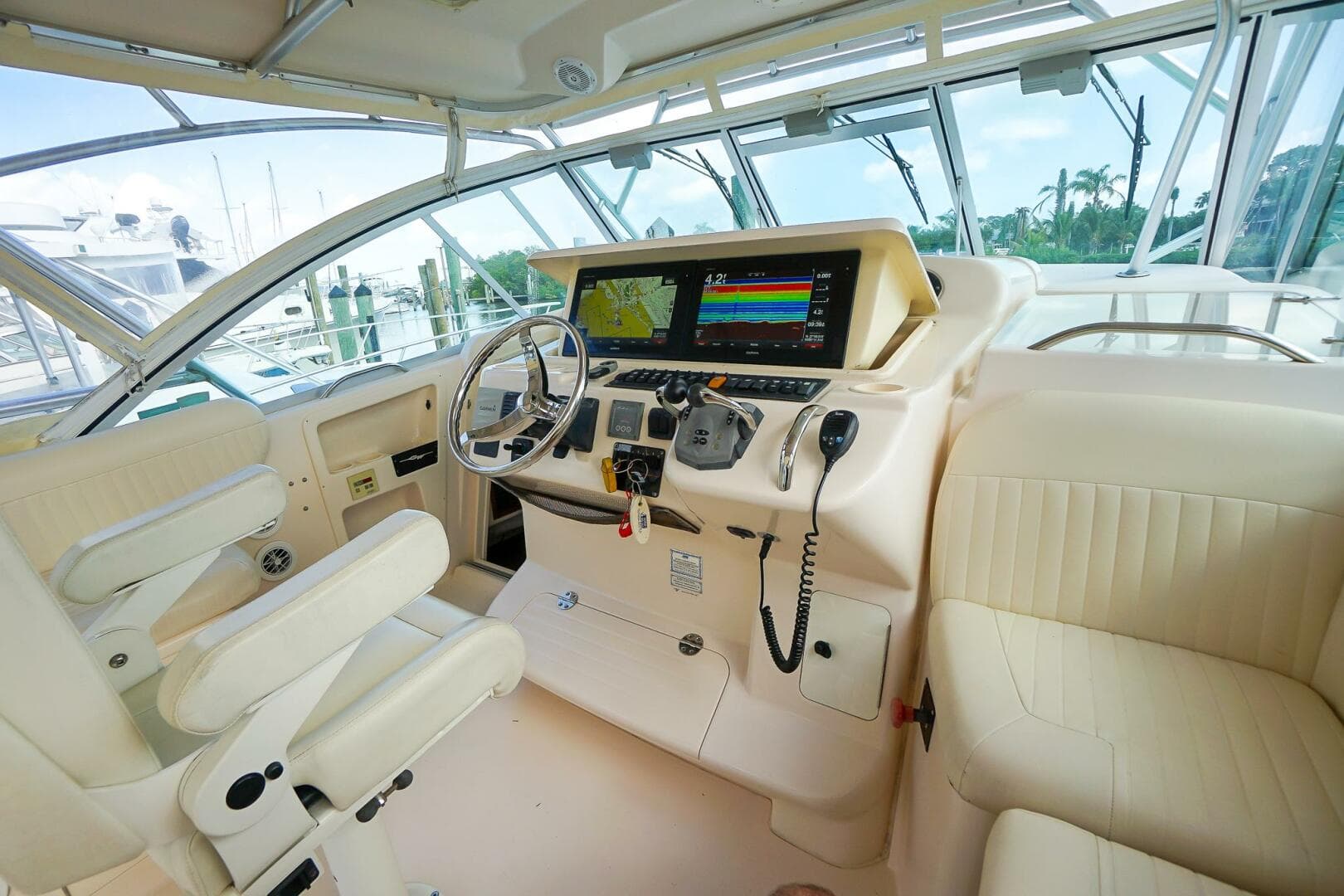 2007 Grady-White Express 360 helm with modern navigation system and comfortable seating.