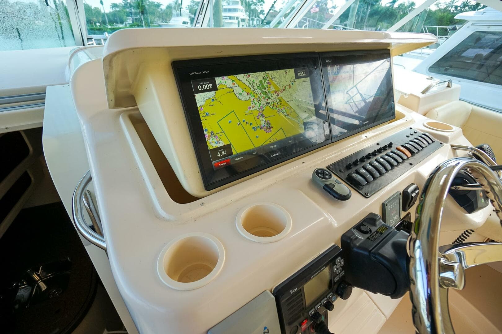 2007 Grady-White Express 360 helm with navigation display and controls.