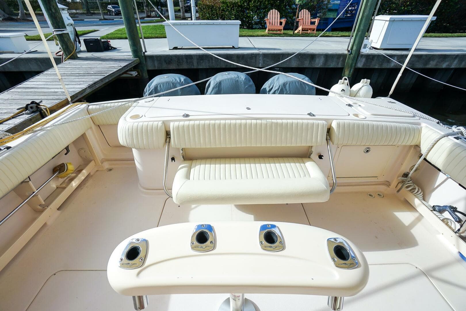 2007 Grady-White Express 360 boat interior with seating and rod holders.