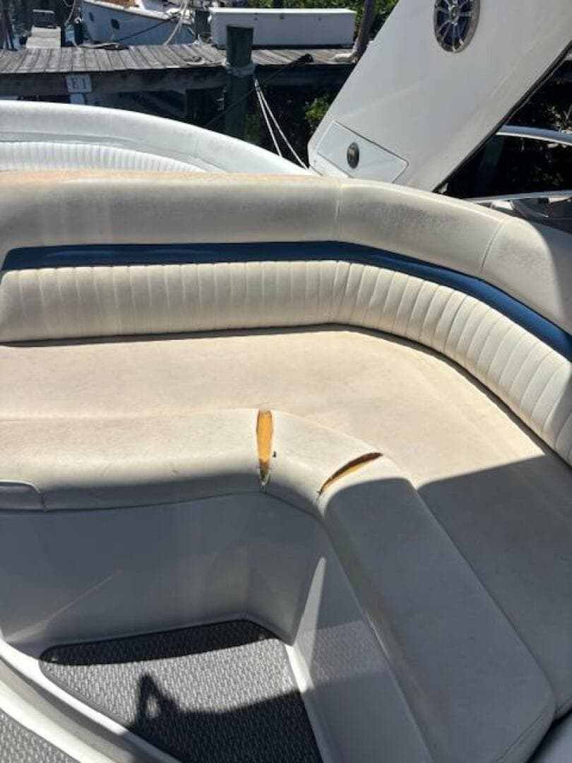 2007 Monterey 350 Sport Yacht seating with visible wear and tear.